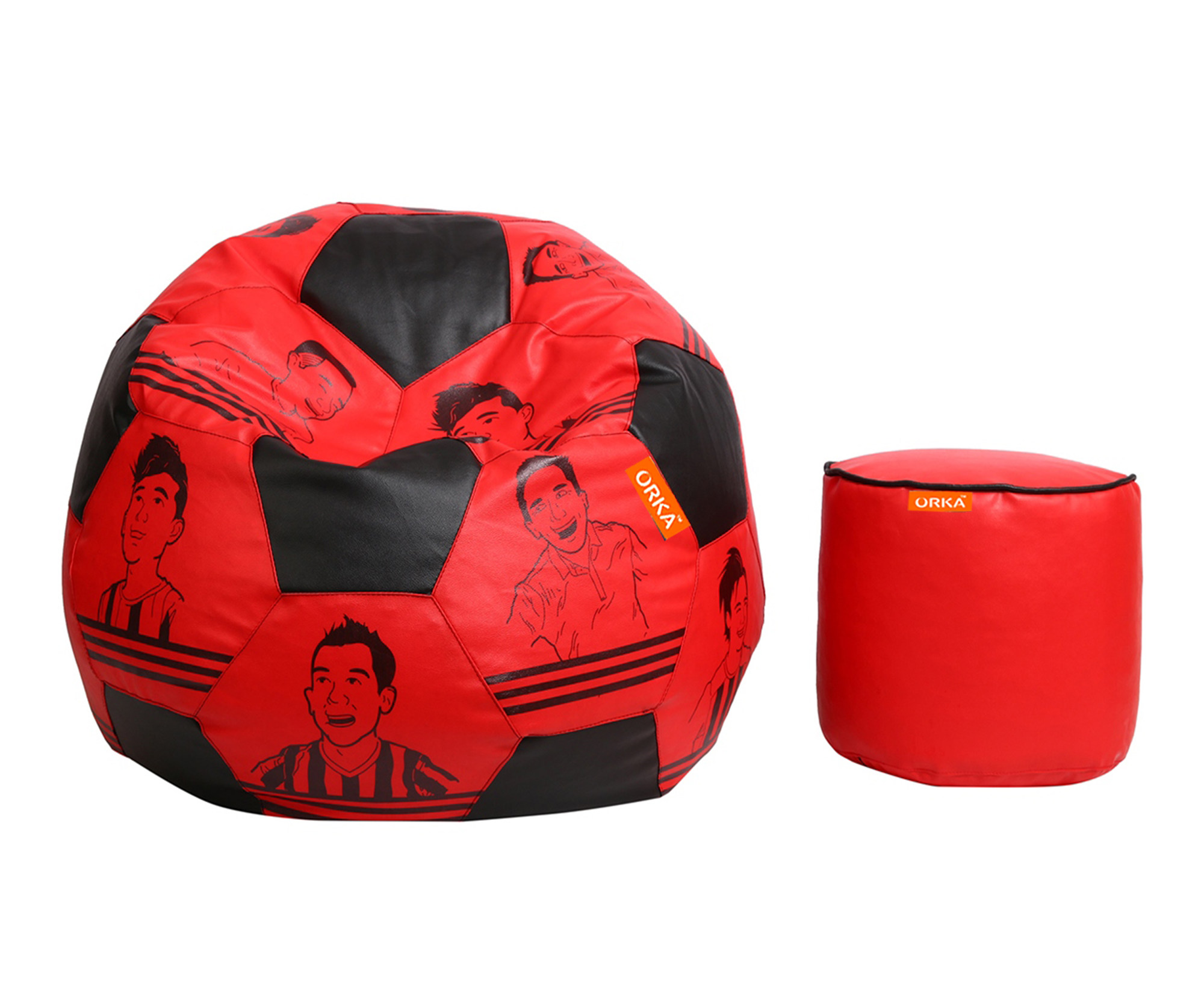 Orka Digital Printed XXL Foorball With Mathching Footstool Filled Bean Bag With Beans (FB16 Red,Black)